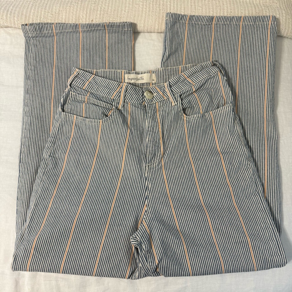 IMPERFECTS Women’s 26 Olah Twill Pants Blue Striped Wide Leg Ankle - Picture 3 of 11